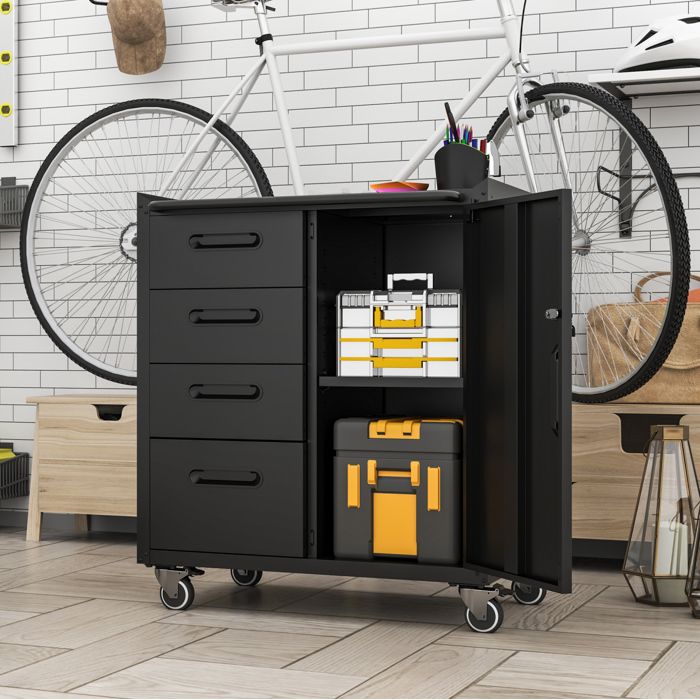 WOVREO Armoire à outils en métal sur roulettes 75 x 42 x 88 cm 4 tiroirs et compartiment verrouillable