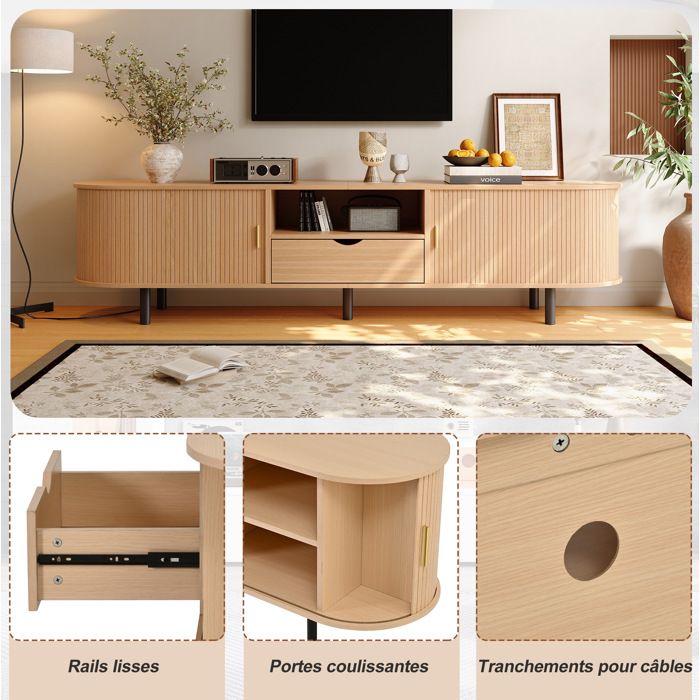 Meuble TV 175 x 40 x 55 cm en MDF bois naturel avec portes à rideau 1 tiroir niches ouvertes et passe-câbles
