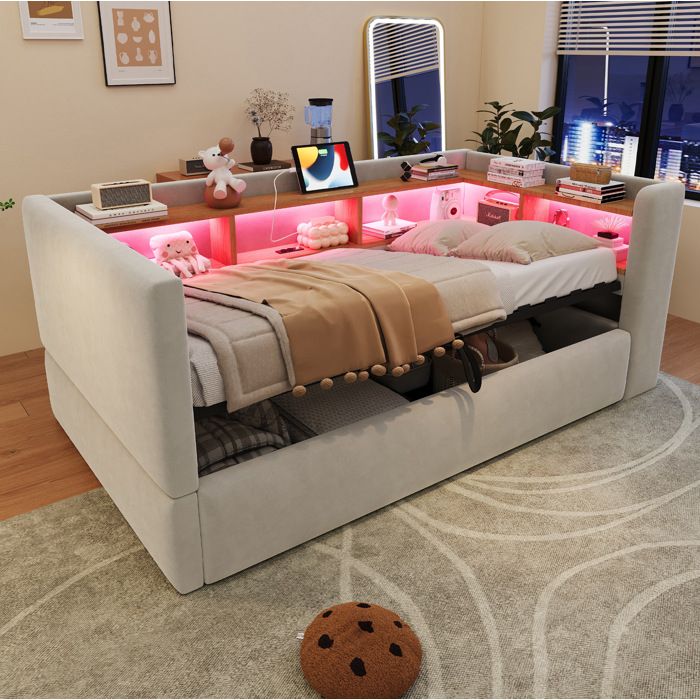 Lit canapé rembourré 90 x 190 cm avec coffre hydraulique LED prises et niches de rangement gris clair
