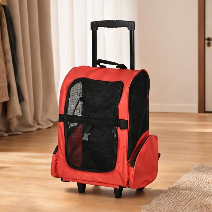 Sac trolley 2-en-1 rouge pour chien chat – portage dos ou roulettes 42 x 25 x 55 cm