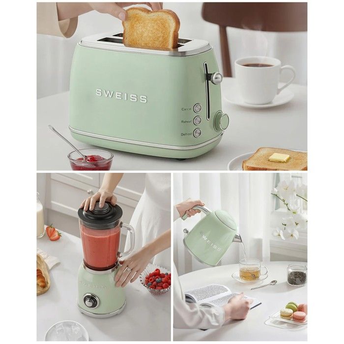 Pack bouilloire grille-pain et blender - HKOENIG - Retro Vintage - Vert pastel - 1000 W - Bol 1 5 L