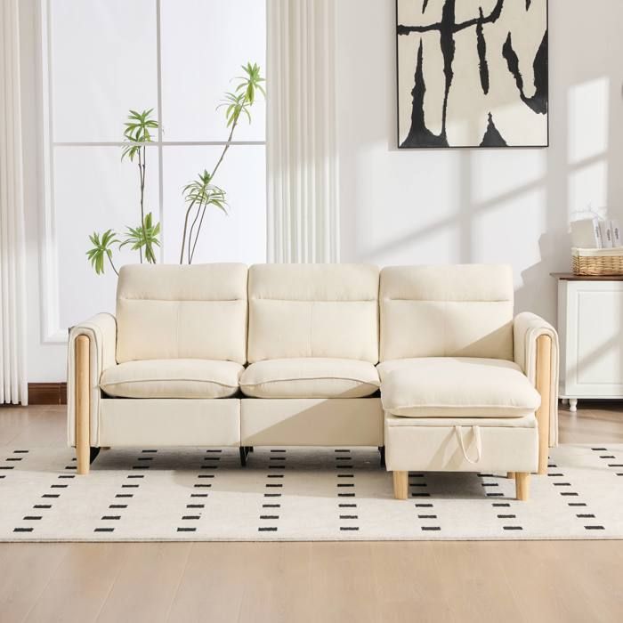Canapé dangle réversible 3 places 201x77x86 cm pouf coffre modulable poches latérales chenille beige pieds en bois massif
