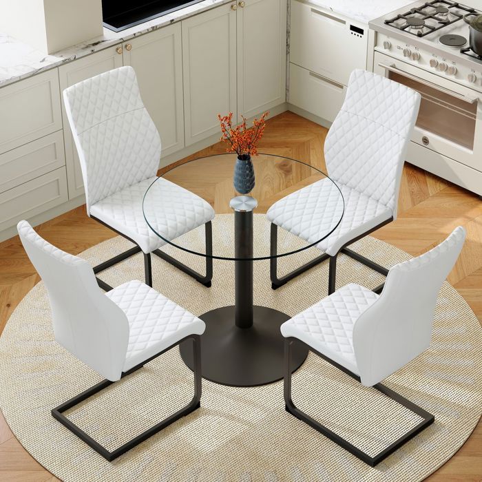 Ensemble table & chaises - WESTYLE - Ronde 85 cm - 4 chaises PU blanches - Dossier haut - Piqûre losange