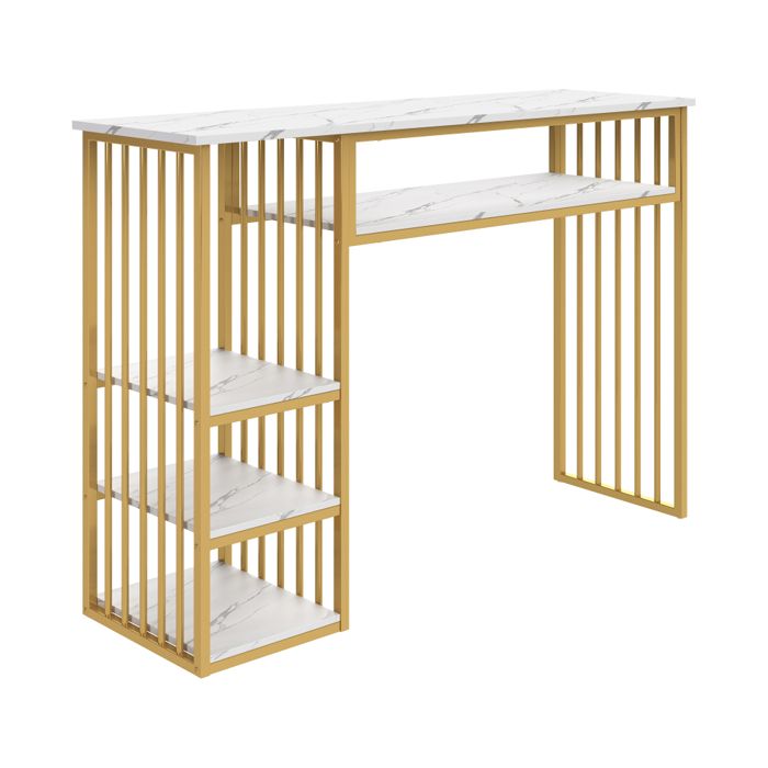 Table de bar 140x40x105 cm avec rangement plateau MDF effet marbre 3 étagères piètement métal doré pour cuisine