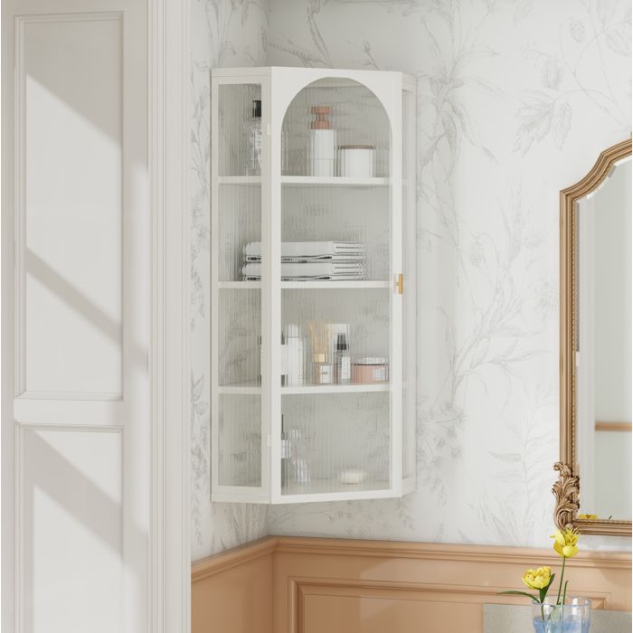 WOVREO Armoire murale d’angle 56 x 40 x 105 cm 4 niveaux métal et verre trempé blanc