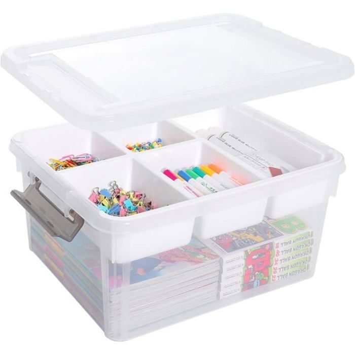 Boîte de Rangement Transparente 16L - 5 Compartiments avec Couvercle à Clips Organisation de Jouets Blocs et Petits