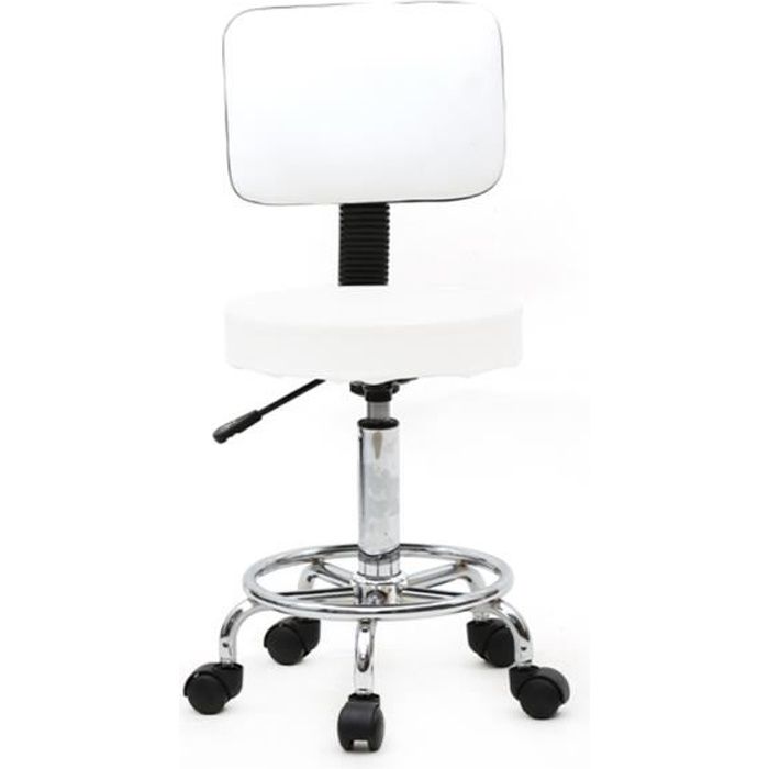 tabouret de salon réglable -tabouret de coiffeur avec dossier - bar fauteuil à roulettes chaise tabouret pivotant-5.3kg-blanc