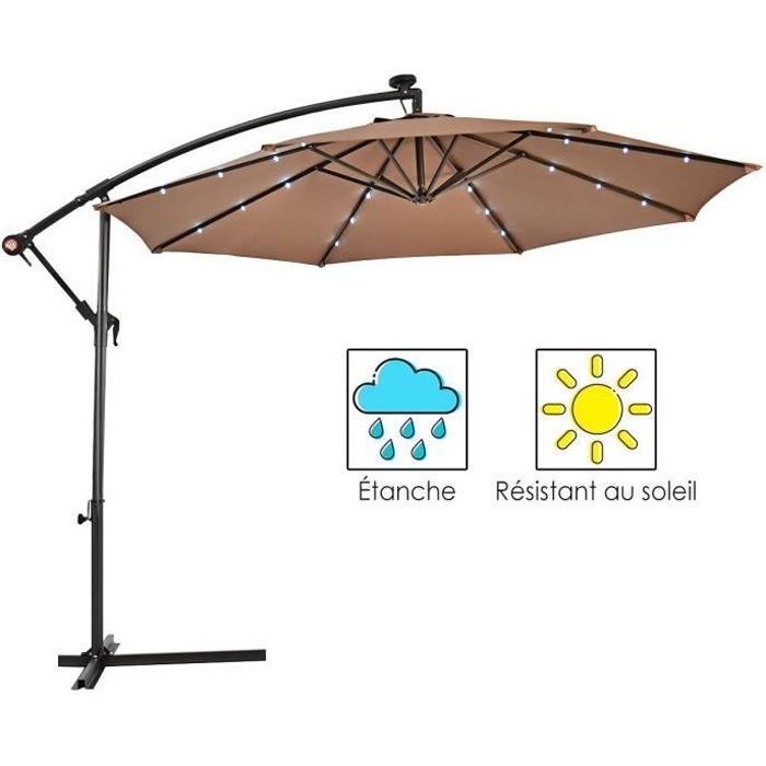 parasol déporté 3m excentré avec 24 led lampe solaire en polyester imperméable hauteur 250cm - costway