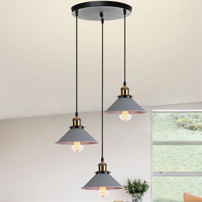 U-Do Suspension Luminaire Rétro 3 Têtes Lustre Cage en Fer Gris Lampe Disque Noir E27 22CM décoration Salle à Manger Cuisine