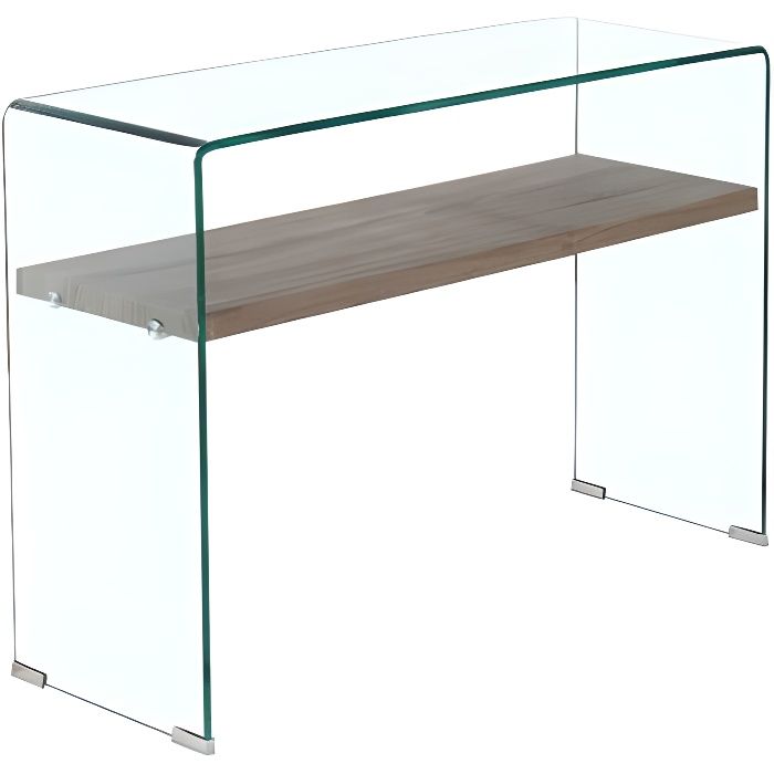 Console en verre trempé étagère en bois décor chêne - ICE