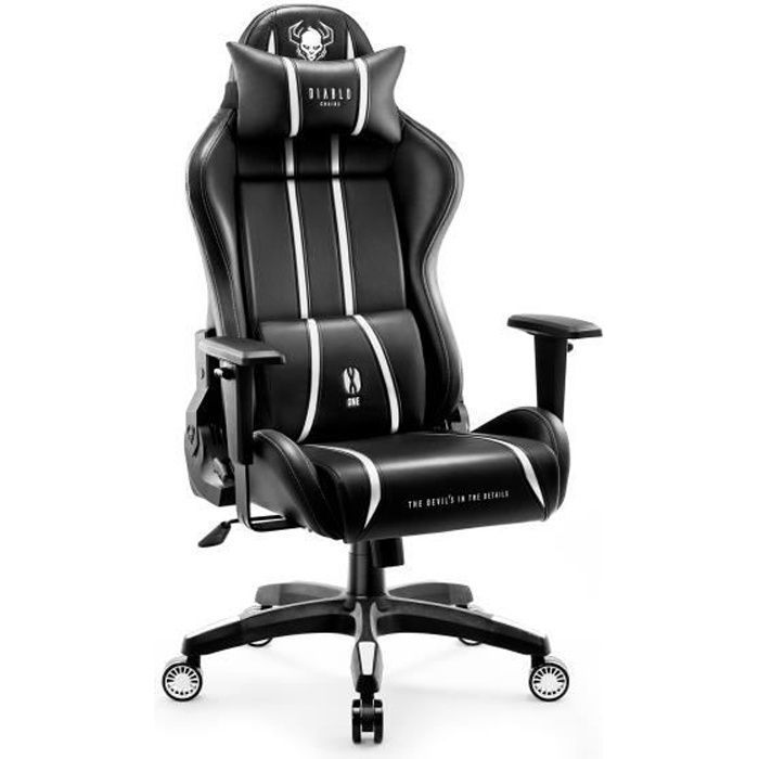 Diablo X-One 2.0 Chaise Gaming Fauteuil de Gamer de Bureau Accoudoirs 1D Skaï Oreiller Cousin Lombaire (Noir-Blanc S)