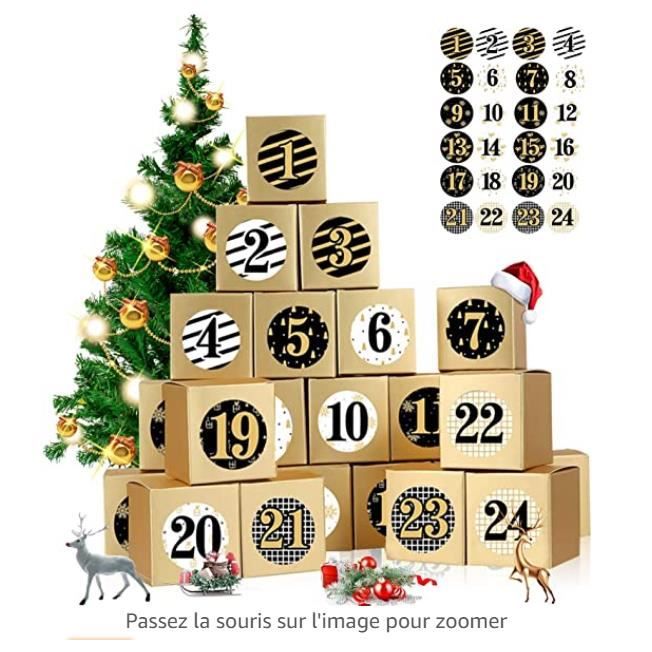 Set de Boîtes Calendrier de l/'Avent DIY Boite de l/'Avent 24 Calendrier de l/'Avent 24 Boîtes à Remplir Coffret Cadeau Décoration de Noël en Papier Kraft Comprenant 2 feuilles Autocollants Numériques