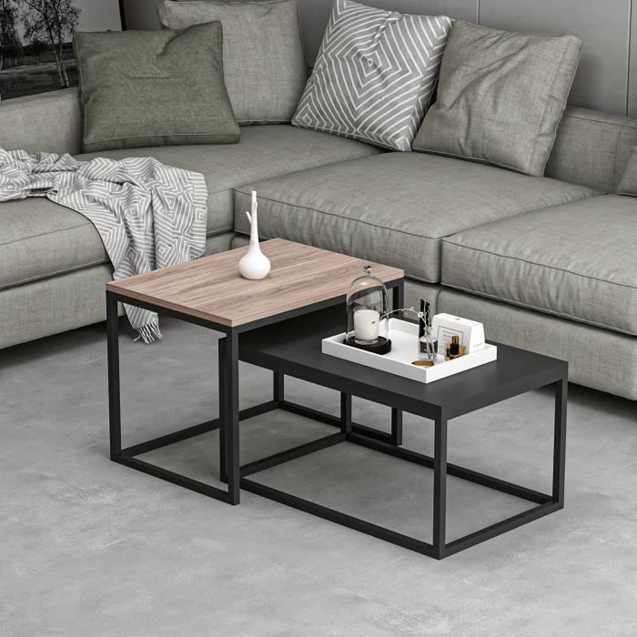 Set de 2 tables basses gigognes rectangulaires effet chêne - noir mat [en.casa]