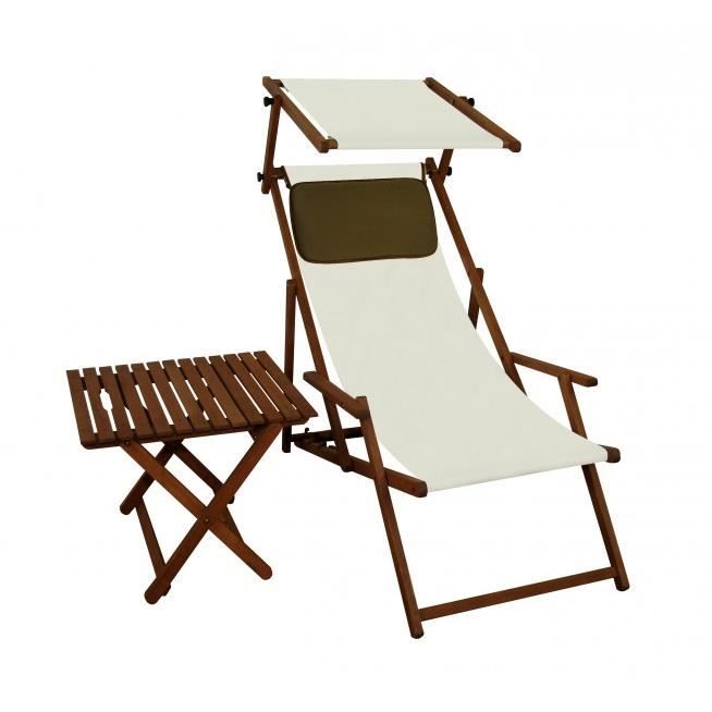 chaise longue de jardin blanche, bain de soleil pliant avec pare-soleil, table oreiller 10-303stkd