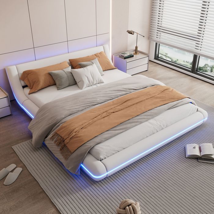 Lit double 160*200 cm 2 personnes lit plat en matériau PU avec lumière ambiante LED télécommande 24 touches blanc