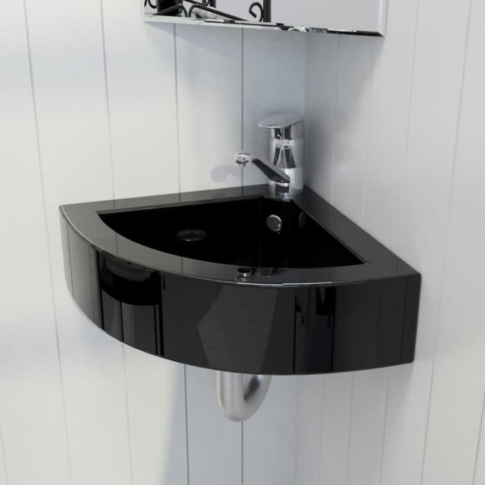 Lavabo dangle en céramique noir KEENSO 45x32x125 cm - Avec trop-plein et trou de robinet