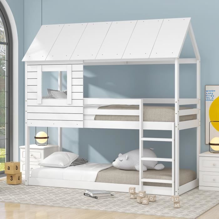 Lit Cabane Enfant Merax 90x200 Cm - Avec étagères, Porte, Tableau Noir - Blanc, Sans Matelas - 7