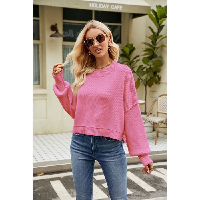 Pull Femme En Tricot Court Col Arrondi Manches Longues Epais Chaud