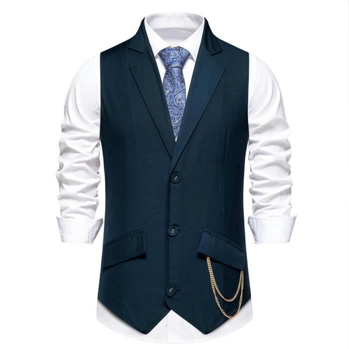 Gilet Costume Homme Slim Fit Formel Classique Sans Manches Col V Couleur Unie Pour Mariage Business Taille EU Bleu Marine