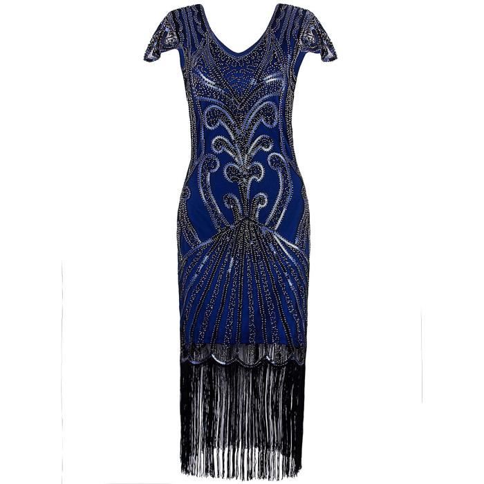 Robe Soirée Années 1920 Great Gatsby - Sequins, Franges, Sans Manches - Pour Fête Cocktail, Halloween