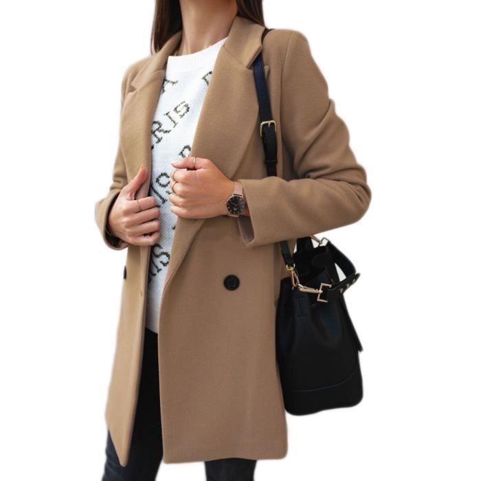 Femme Revers Manteau En Laine À Double Boutonnage Bouton De Mode Long -  Manteau Grande Taille Longue Manteau,Kaki