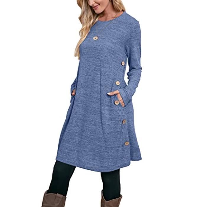 Robe Pull Femme Manches Longues - Col V En Tricot Côtelé - Avec Poches - Taille Midi (Genou) - 12