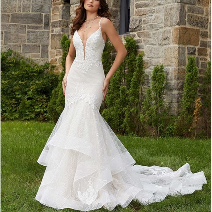 FANDI® Sirène Magnifique Appliques En Dentelle Train Court