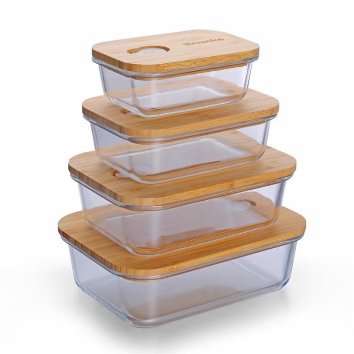 4PCS Ensemble Boîte à Bento en verre avec couvercles Lunch Box hermétiques en bambou BOIS 4pcs