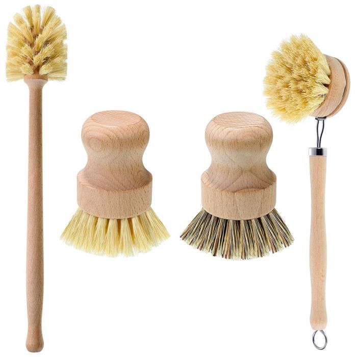 Kit 4 Brosses De Nettoyage Écolo En Bois Et Sisal | Brosse Vaisselle Longue + Ronde + Porte-Savon + Éponge Luffa