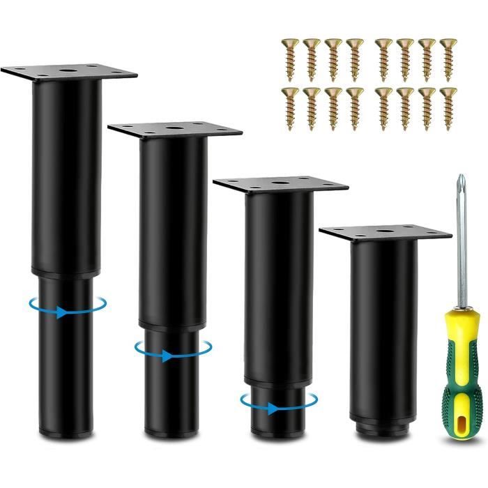 Lot De 4 Pieds Réglables Pour Sommier, Lit, Canapé - Hauteur 25 Cm, Réglable 20 Mm, Support 100 Kg Chacun - Noir