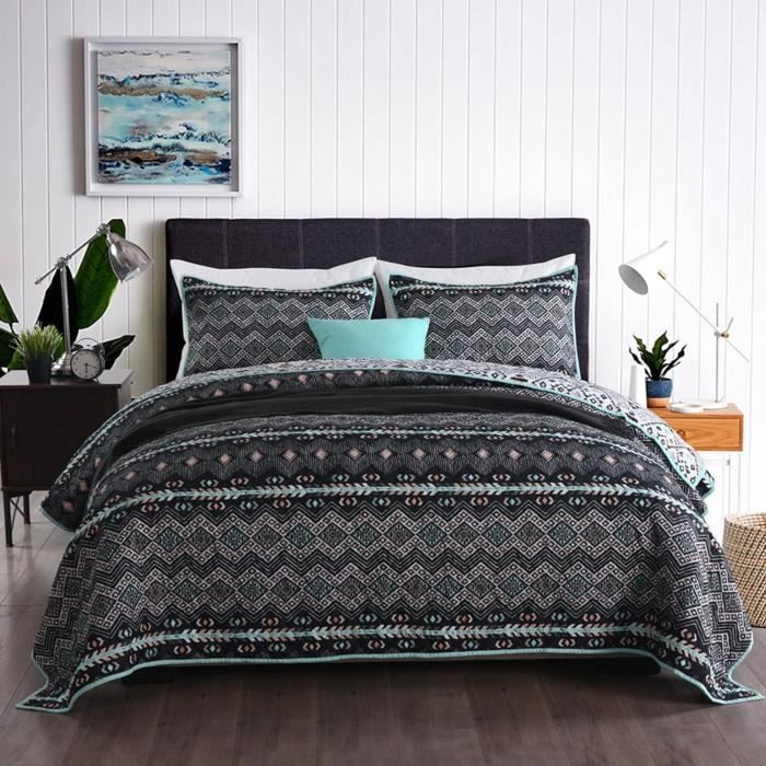 Couvre-lit 2 Personnes 240x260cm Boutis 100% Coton Patchwork Réversible + 2 Taies