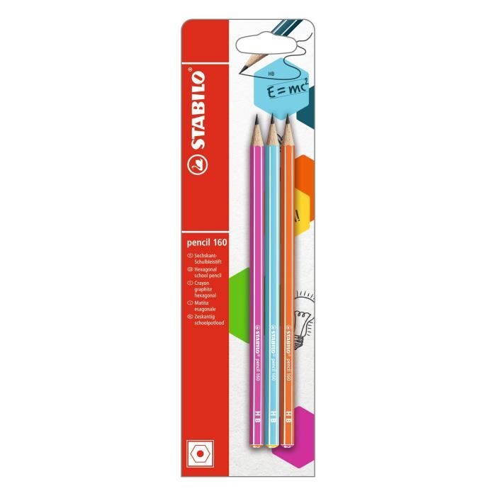 STABILO - lot de 3 crayons graphite pencil 160 HB - rose + bleu clair + orange