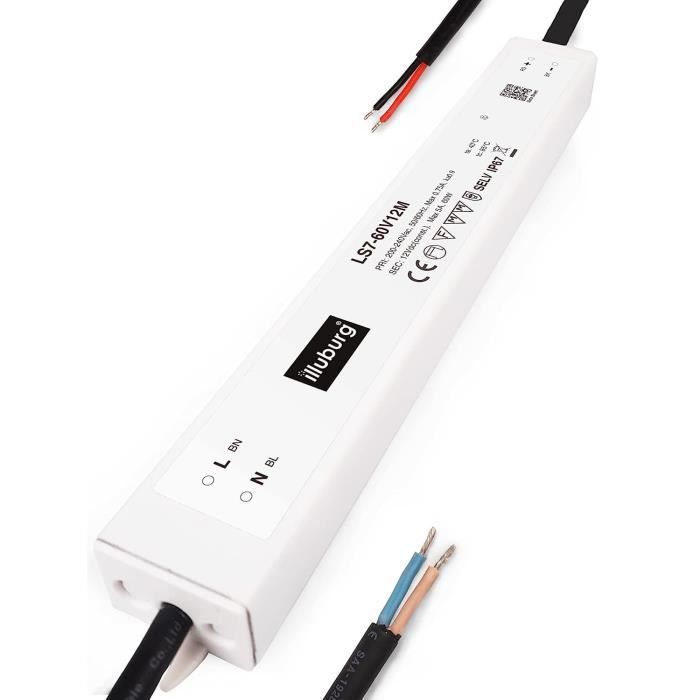 Transformateur LED 12V 60W 5A Avec Connecteurs - Alimentation AC/DC Pour Ampoules MR16 G4 MR11 GU5.3