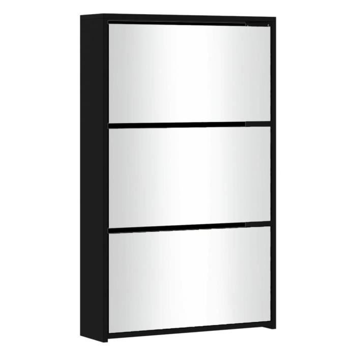 BOH Armoire à chaussures avec miroir 3 niveaux Noir 63x17x102,5 cm