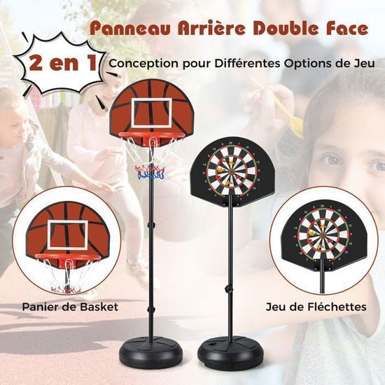 KAMDHENU – Panier De Basket + Cible Fléchettes 2 En 1 – Hauteur Réglable 1-1,9 M – Enfants 3-8 Ans