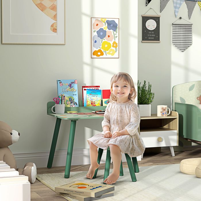 Table Et 2 Chaises Enfants En Bois - Ensemble Dessin Et Jeu - Motifs Animaux Vert - Pour 3 à 8 Ans