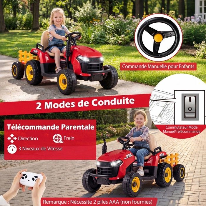 COSTWAY 12V Tracteur Électrique Enfants avec Pelle & Remorque Amovible, Véhicule Électrique à 6 Pneus avec Lumière LED & Musique & Klaxon