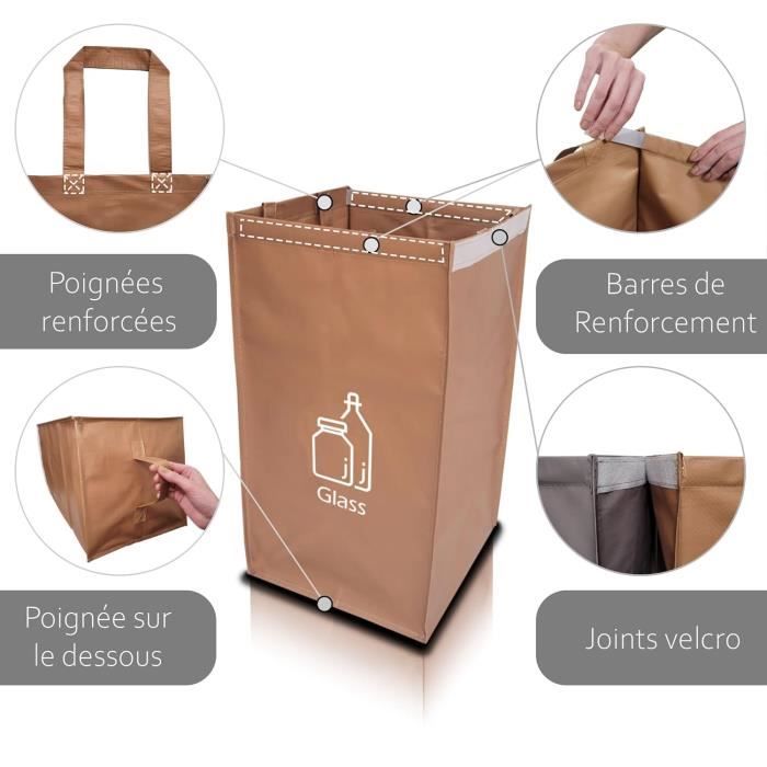 Poubelle De Tri Sélectif 3 Bacs Avec Couvercle - 50 Litres Pour Cuisine - Noir - Idéale Pour Verre, Plastique Et Papier