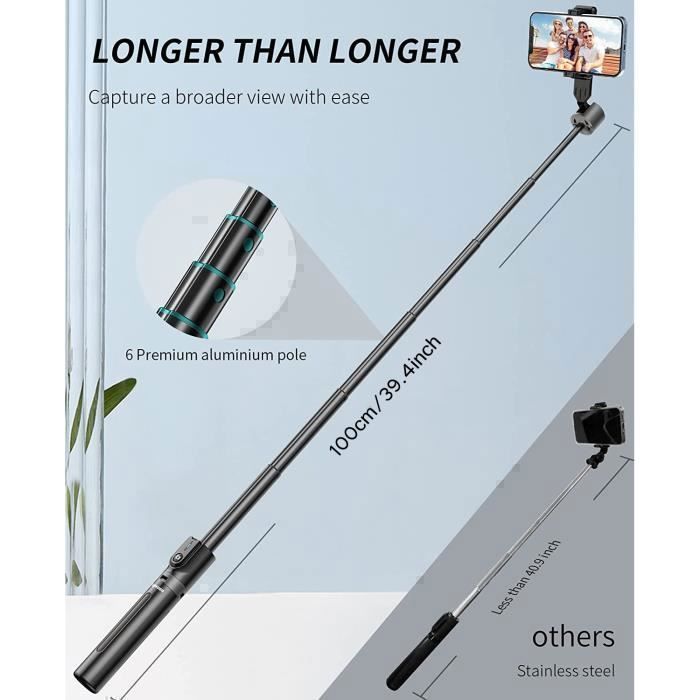 Perche Selfie Trépied 135cm Avec Lumière - Télécommande Sans Fil, Compatible IPhone/Android/GoPro