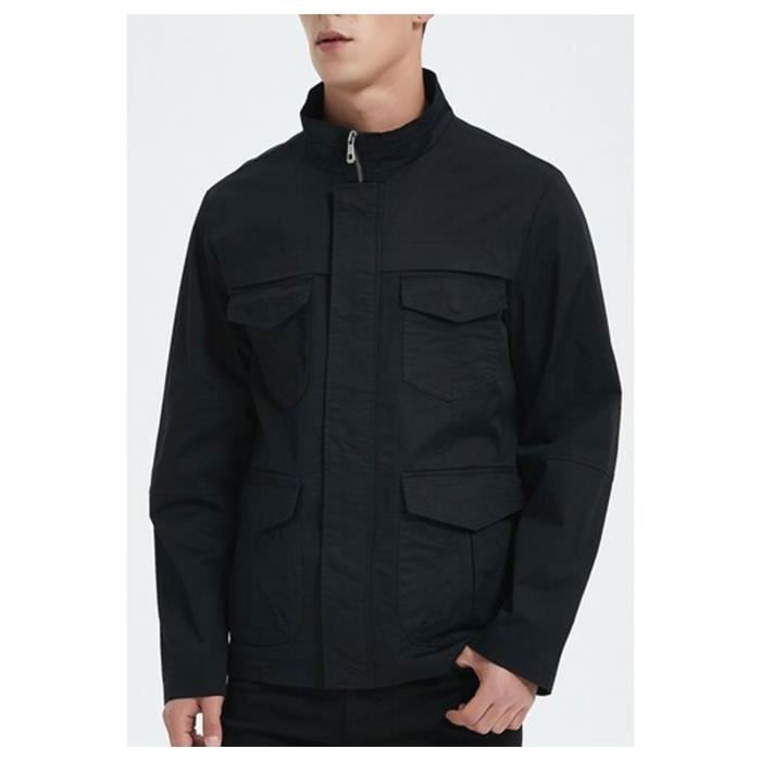 Veste Saharienne KEBELLO Noir Homme Mi saison en coton Col montant rond Poches plaquees et soufflees