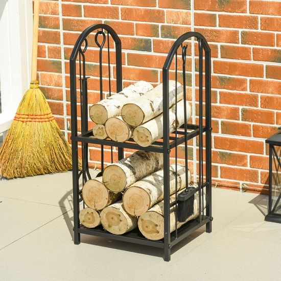 Abri à bûche Vounot Porte buches cheminee avec 4 outils en metal noir