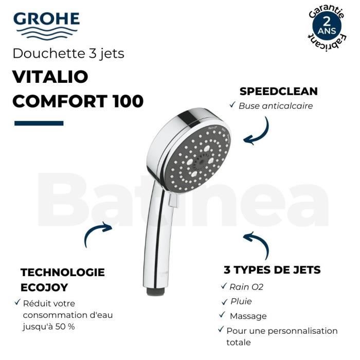 Pommeau de douche GROHE Quickfix Vitalio Comfort 100 3 jets Chromé +  nettoyant GrohClean - Cdiscount Bricolage