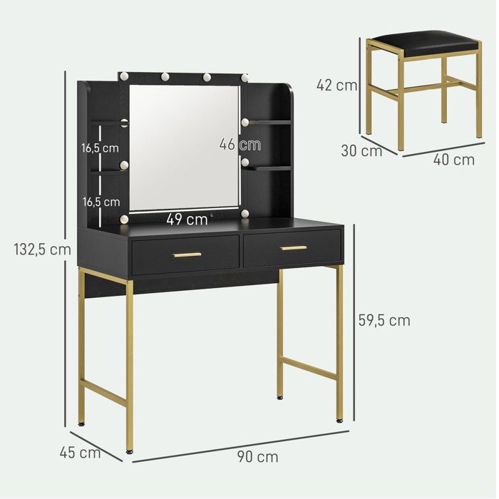 Coiffeuse avec miroir et 5 tiroirs - 100 x 40 x 78 cm - Panneau de