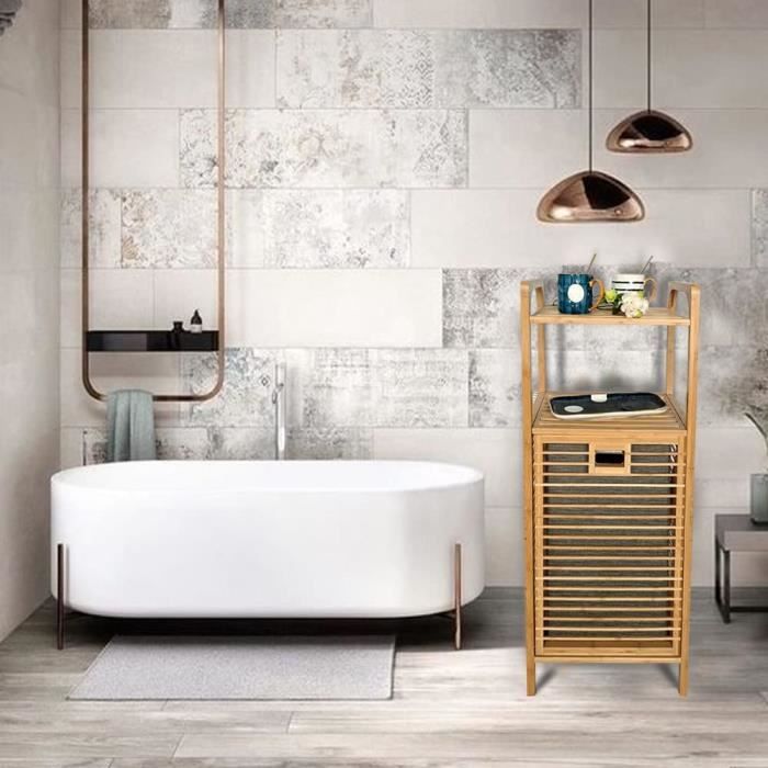Étagère de salle de bain avec panier à linge amovible, étagère de salle de  bain en bambou avec 2 étagères pour accessoires de salle de bain avec