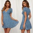 Robe Femme Col en V Mini Dress Imprimé Floral Fermeture éclair Robe d'été Manches Courtes Elégante-Bleu-0