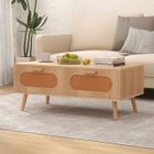 COSTWAY Table Basse - Cannage , 2 Tiroirs, Compartiment Arrière, Pieds en Bois Massif, Style Campagne, Naturel