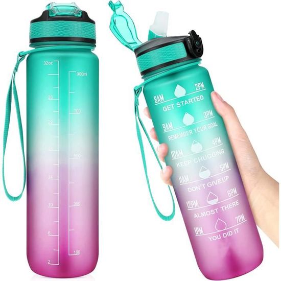 Gourde Sport 750 Ml Avec Marqueur De Temps - Sans BPA, étanche, Avec Paille Et Dragonne, Pour Gym, Course, Bureau, Couleur Violette - 11