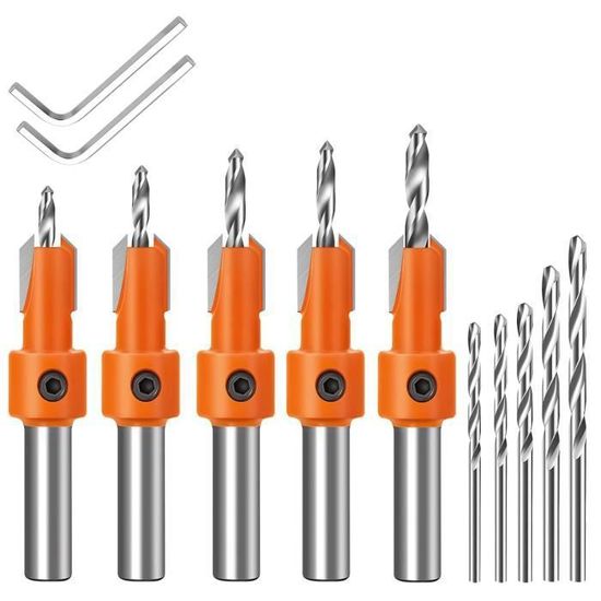 7pcs HSS 5 Fraise Foret Mèche Perceuse Bois Chanfrein 3-10mm Clé, fraise a bois
