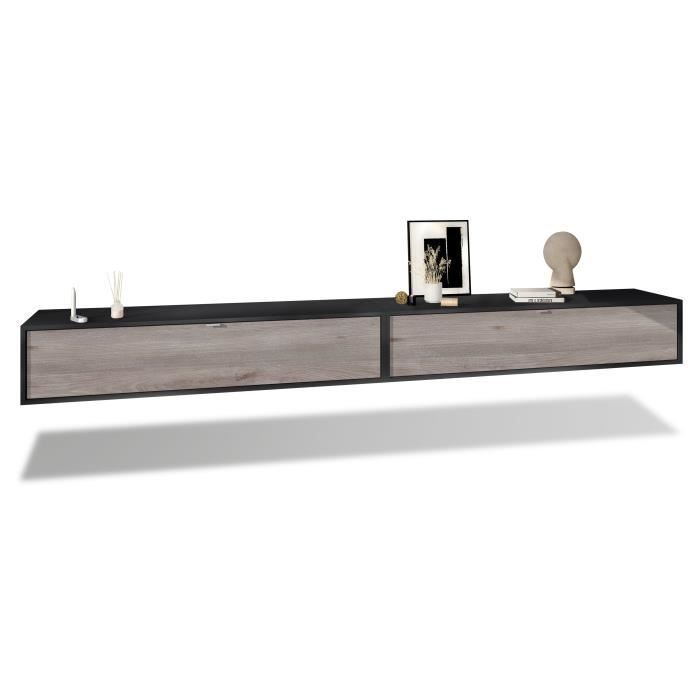 Ensemble de 2 set meuble TV Lana 140 armoire murale lowboard 140 x 29 x 37 cm, caisson en Noir mat, façades en Chêne Nordique