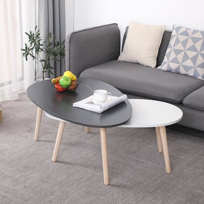 Lot de 2 Table Basse Gigognes OVALE pour Salon, Bureau, Table d'appoint Design Scandinave Gris et Jaune